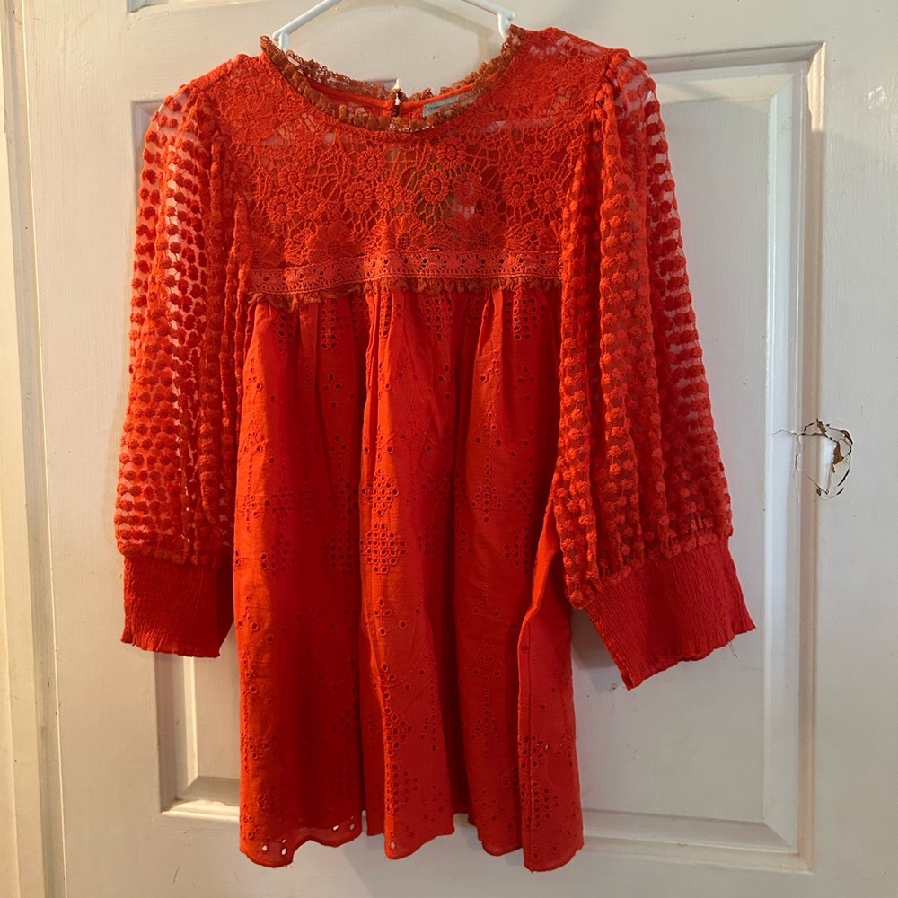 Anthropologie Red Lace & Eyelet Peasant Blouse